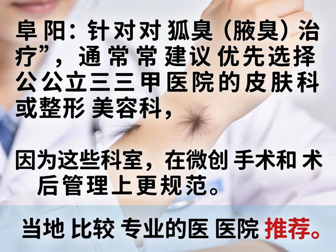 在阜阳，针对狐臭（腋臭）治疗，通常建议优先选择公立三甲医院的皮肤科或整形美容科，因为这些科室在微创手术和术后管理上更规范。以下是当地比较专业的医院推荐