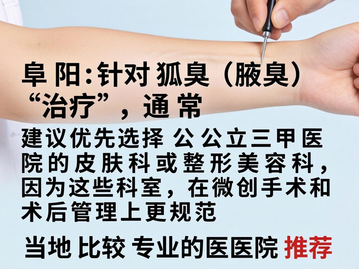 在阜阳，针对狐臭（腋臭）治疗，通常建议优先选择公立三甲医院的皮肤科或整形美容科，因为这些科室在微创手术和术后管理上更规范。以下是当地比较专业的医院推荐