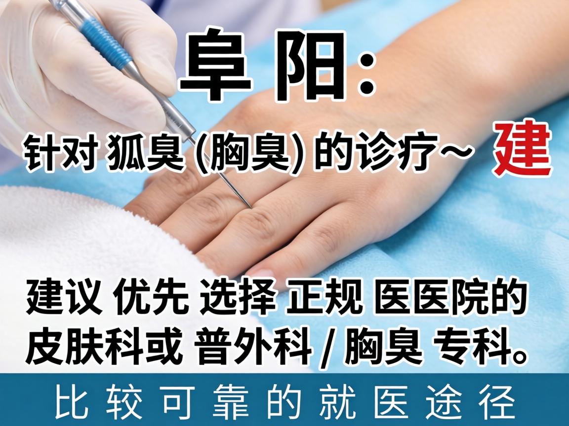 在阜阳,针对狐臭(腋臭)的诊疗,建议优先选择正规医院的皮肤科或普外科/腋臭专科。以下是比较可靠的就医途径 在阜阳,针对狐臭(腋臭)的诊疗,建议优先选择正规医院的皮肤科或普外科/腋臭专科。以下是比较可靠的就医途径