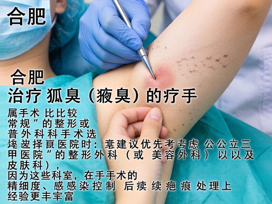在合肥，治疗狐臭（腋臭）的手术属于比较常规的整形或普外科手术。选择医院时，建议优先考虑公立三甲医院的整形外科（或美容外科）以及皮肤科，因为这些科室在手术的精细度、感染控制和后续疤痕处理上经验更丰富