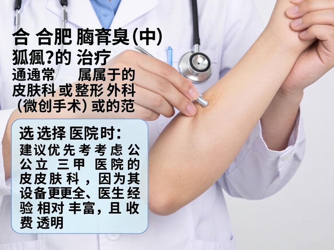 在合肥，腋臭（狐臭）的治疗通常属于皮肤科或整形外科（微创手术）的范畴。选择医院时，建议优先考虑公立三甲医院的皮肤科，因为其设备更全、医生经验相对丰富，且收费透明
