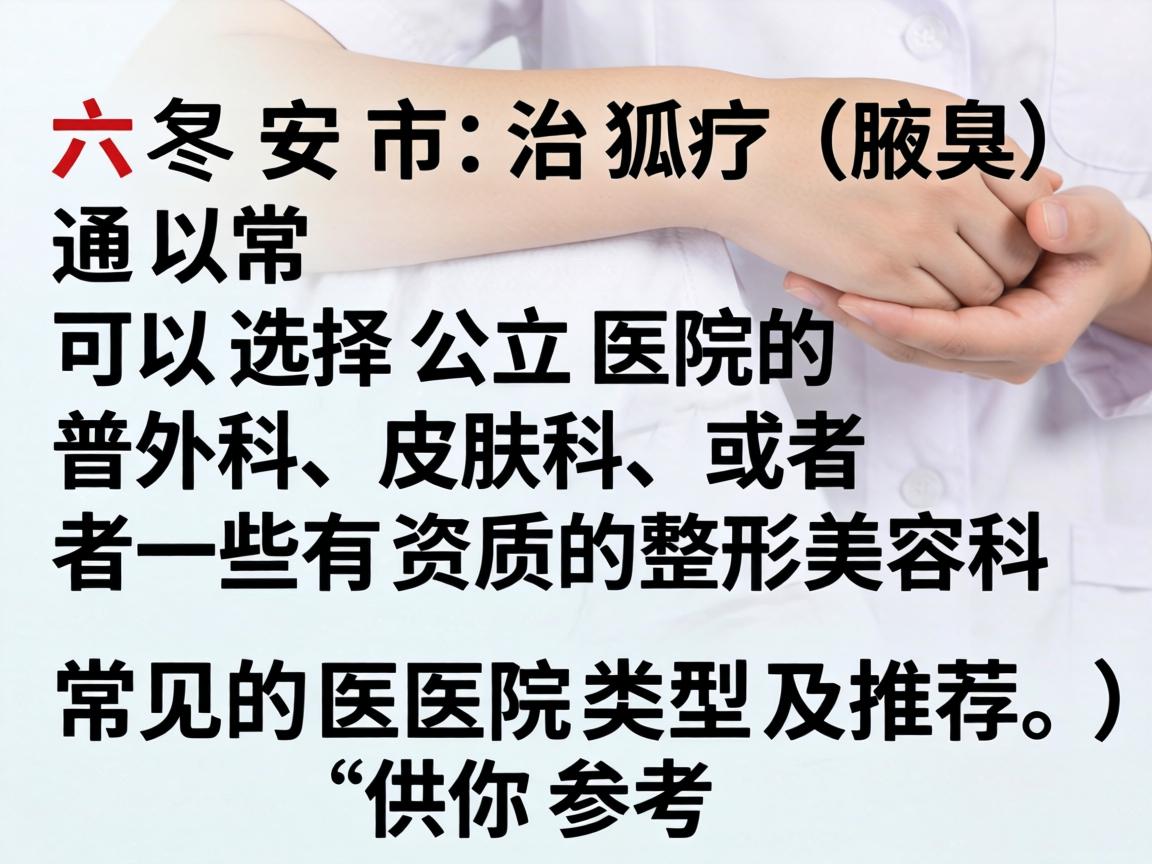 在六安市，治疗狐臭（腋臭）通常可以选择公立医院的普外科、皮肤科，或者一些有资质的整形美容科。以下是常见的医院类型及推荐，供你参考