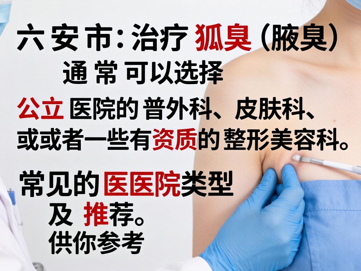 在六安市，治疗狐臭（腋臭）通常可以选择公立医院的普外科、皮肤科，或者一些有资质的整形美容科。以下是常见的医院类型及推荐，供你参考
