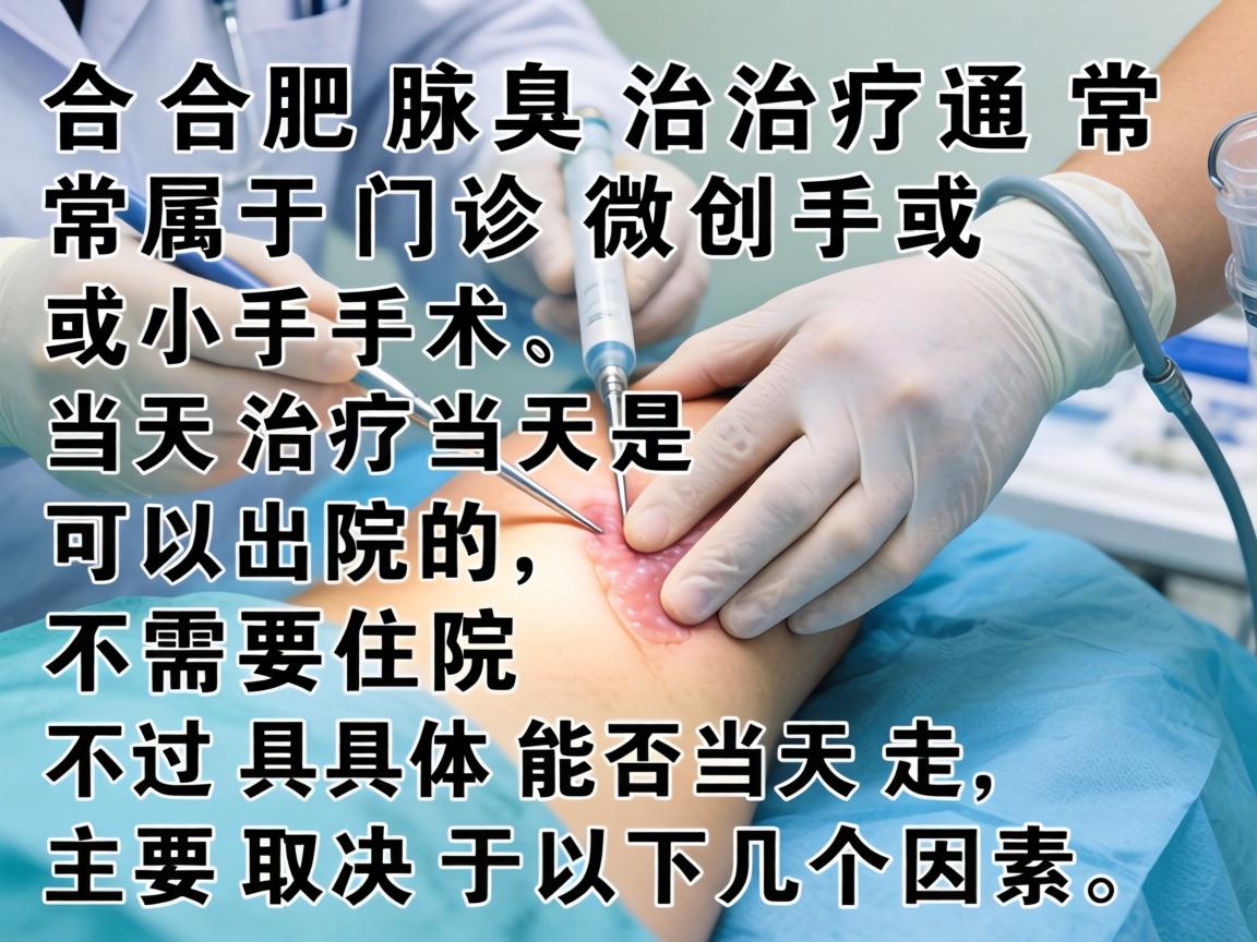 在合肥，腋臭治疗通常属于门诊微创手术或小手术，当天治疗当天是可以出院的，不需要住院。不过具体能否当天走，主要取决于以下几个因素