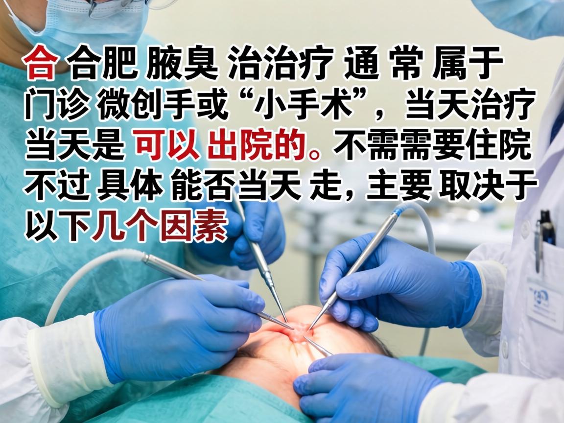 在合肥，腋臭治疗通常属于门诊微创手术或小手术，当天治疗当天是可以出院的，不需要住院。不过具体能否当天走，主要取决于以下几个因素