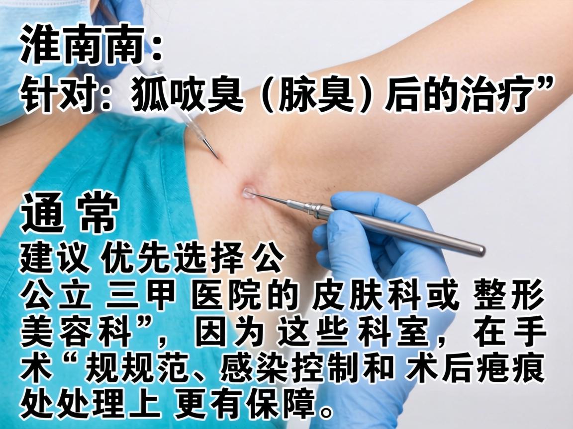 在淮南，针对狐臭（腋臭）的治疗，通常建议优先选择公立三甲医院的皮肤科或整形美容科，因为这些科室在手术规范、感染控制和术后疤痕处理上更有保障
