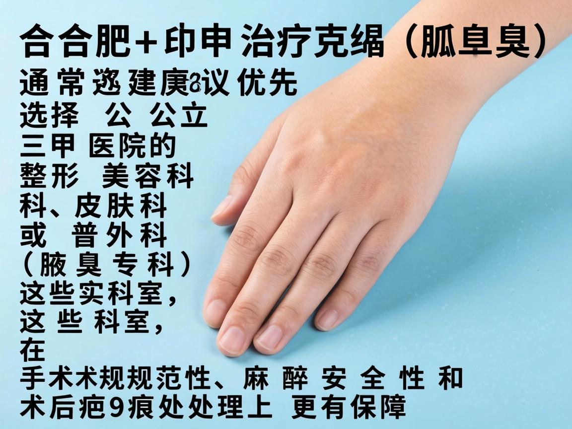 在合肥，治疗狐臭（腋臭）通常建议优先选择公立三甲医院的整形美容科、皮肤科或普外科（腋臭专科）这些科室在手术规范性、麻醉安全性和术后疤痕处理上更有保障