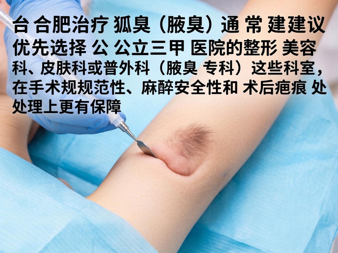 在合肥，治疗狐臭（腋臭）通常建议优先选择公立三甲医院的整形美容科、皮肤科或普外科（腋臭专科）这些科室在手术规范性、麻醉安全性和术后疤痕处理上更有保障