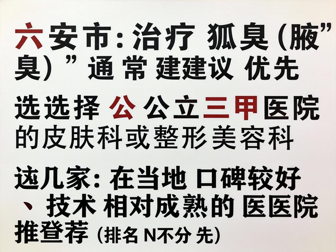 在六安市，治疗狐臭（腋臭）通常建议优先选择公立三甲医院的皮肤科或整形美容科。以下是几家在当地口碑较好、技术相对成熟的医院推荐（排名不分先后）