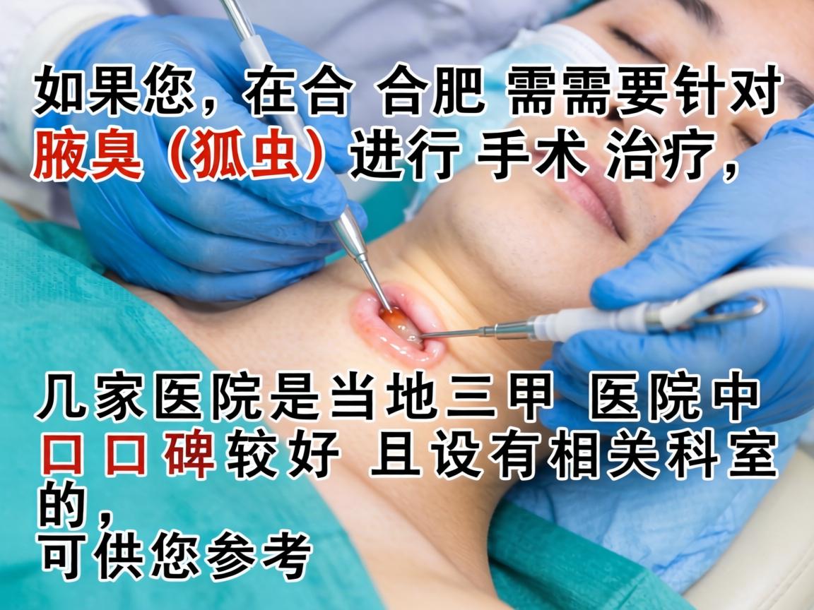 如果您在合肥需要针对腋臭（狐臭）进行手术治疗，以下几家医院是当地三甲医院中口碑较好且设有相关科室的，可供您参考