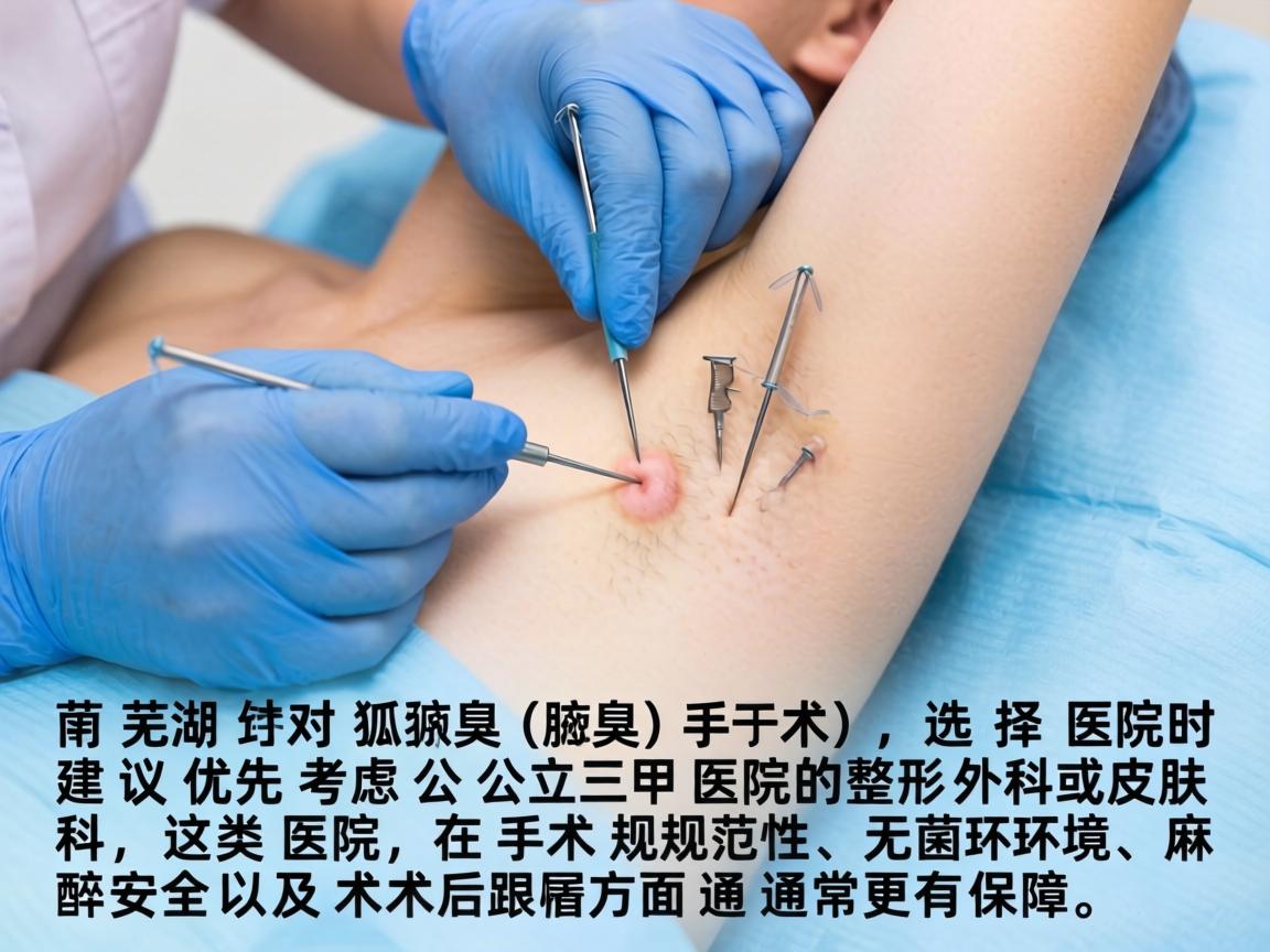 在芜湖，针对狐臭（腋臭）手术，选择医院时建议优先考虑公立三甲医院的整形外科或皮肤科，这类医院在手术规范性、无菌环境、麻醉安全以及术后跟进方面通常更有保障