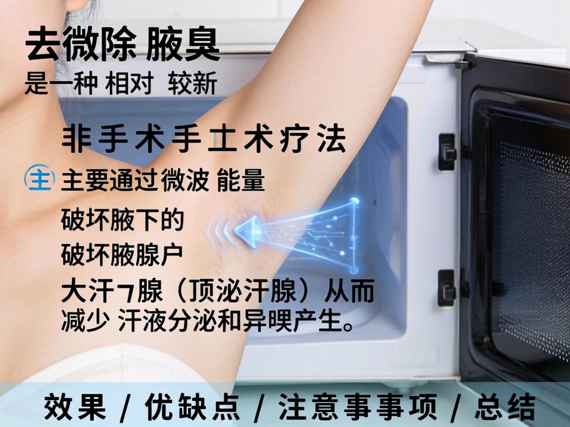 微波去除腋臭是一种相对较新的非手术疗法，主要通过微波能量破坏腋下的大汗腺（顶泌汗腺）从而减少汗液分泌和异味产生。以下是其效果、优缺点及注意事项的总结