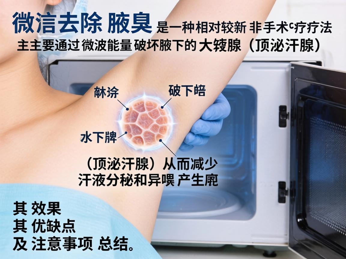 微波去除腋臭是一种相对较新的非手术疗法，主要通过微波能量破坏腋下的大汗腺（顶泌汗腺）从而减少汗液分泌和异味产生。以下是其效果、优缺点及注意事项的总结