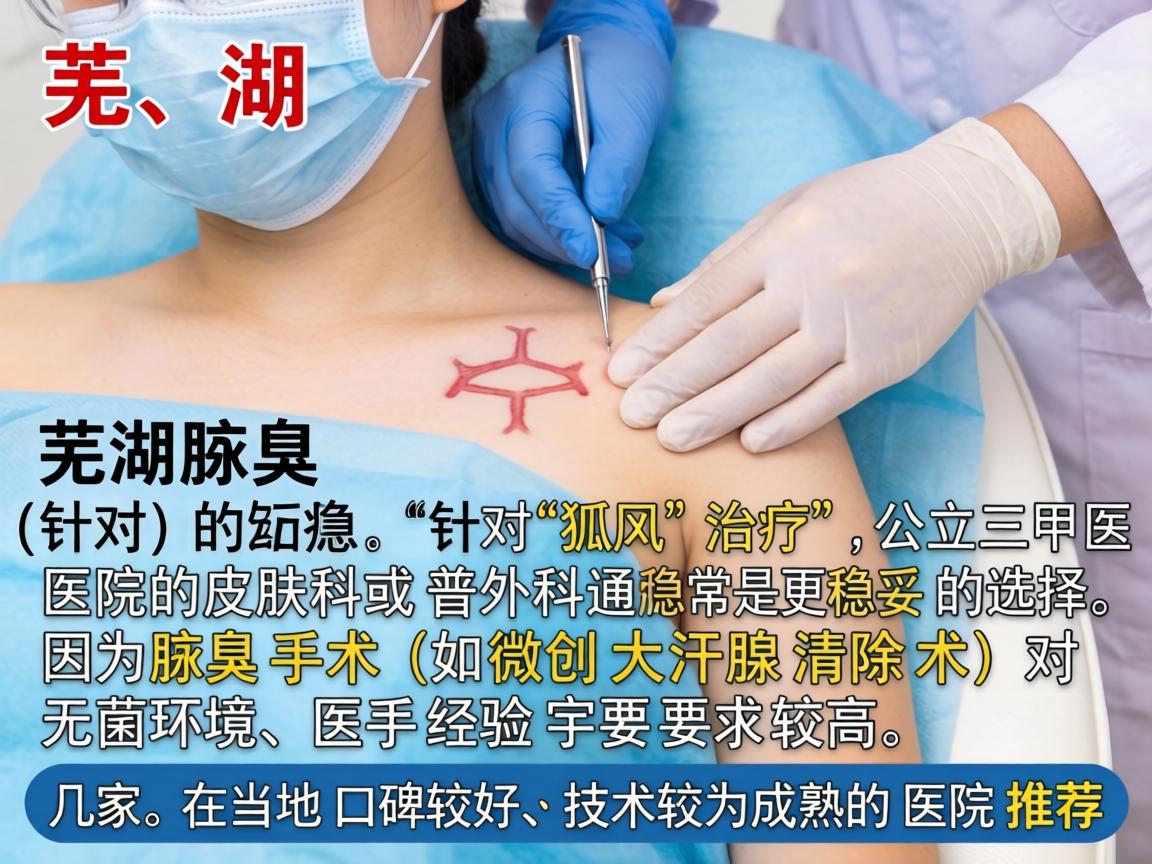 在芜湖，针对腋臭（狐臭）的治疗，公立三甲医院的皮肤科或普外科通常是更稳妥的选择，因为腋臭手术（如微创大汗腺清除术）对无菌环境、医生经验要求较高。以下是几家在当地口碑较好、技术较为成熟的医院推荐