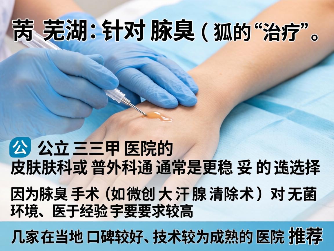 在芜湖，针对腋臭（狐臭）的治疗，公立三甲医院的皮肤科或普外科通常是更稳妥的选择，因为腋臭手术（如微创大汗腺清除术）对无菌环境、医生经验要求较高。以下是几家在当地口碑较好、技术较为成熟的医院推荐