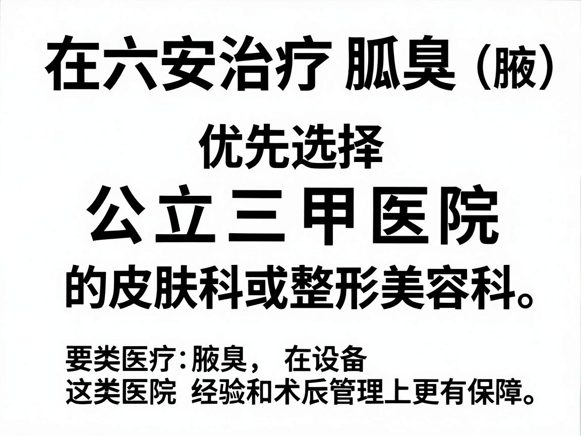 在六安治疗狐臭（腋臭）建议优先选择公立三甲医院的皮肤科或整形美容科。这类医院在设备、医生经验和术后管理上更有保障